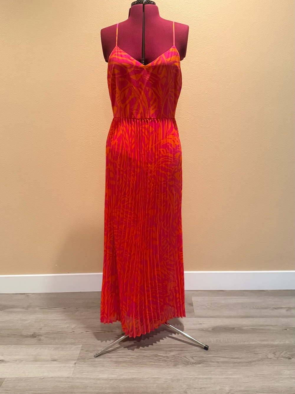 Bold Pink and Orange Pleated Maxi Slip Dress